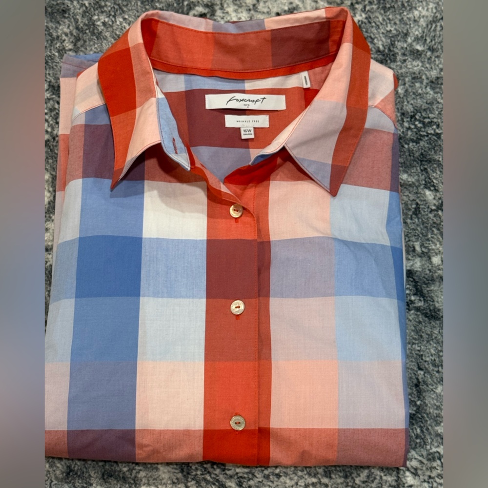 Women’s Foxcroft No Iron Orange & Blue Plaid Button Up